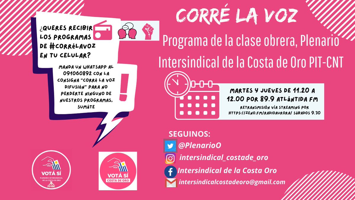 PlenarioO's tweet photo. Novedades de #CorréLaVoz 2022: tenemos grupo de difusión en Whatsapp. Mandá un mensaje al 091060892 con la consigna "Corré La Voz Difusión" para recibir todos nuestros programas en tu celular 📻🗣️✊ https://t.co/RhT34Dkv50