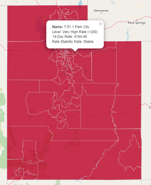 bradleymarkjan1's tweet photo. @rokich_john @UtahDepOfHealth Even worse numbers today. 14 day rate of 4164.49 in Park City, 286.46 in Daggett/Uintah County. https://t.co/wWKRXyLJqr
