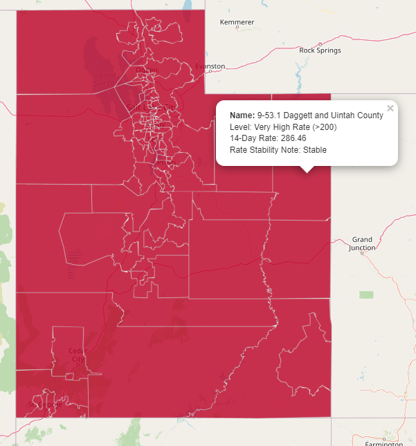 bradleymarkjan1's tweet photo. @rokich_john @UtahDepOfHealth Even worse numbers today. 14 day rate of 4164.49 in Park City, 286.46 in Daggett/Uintah County. https://t.co/wWKRXyLJqr