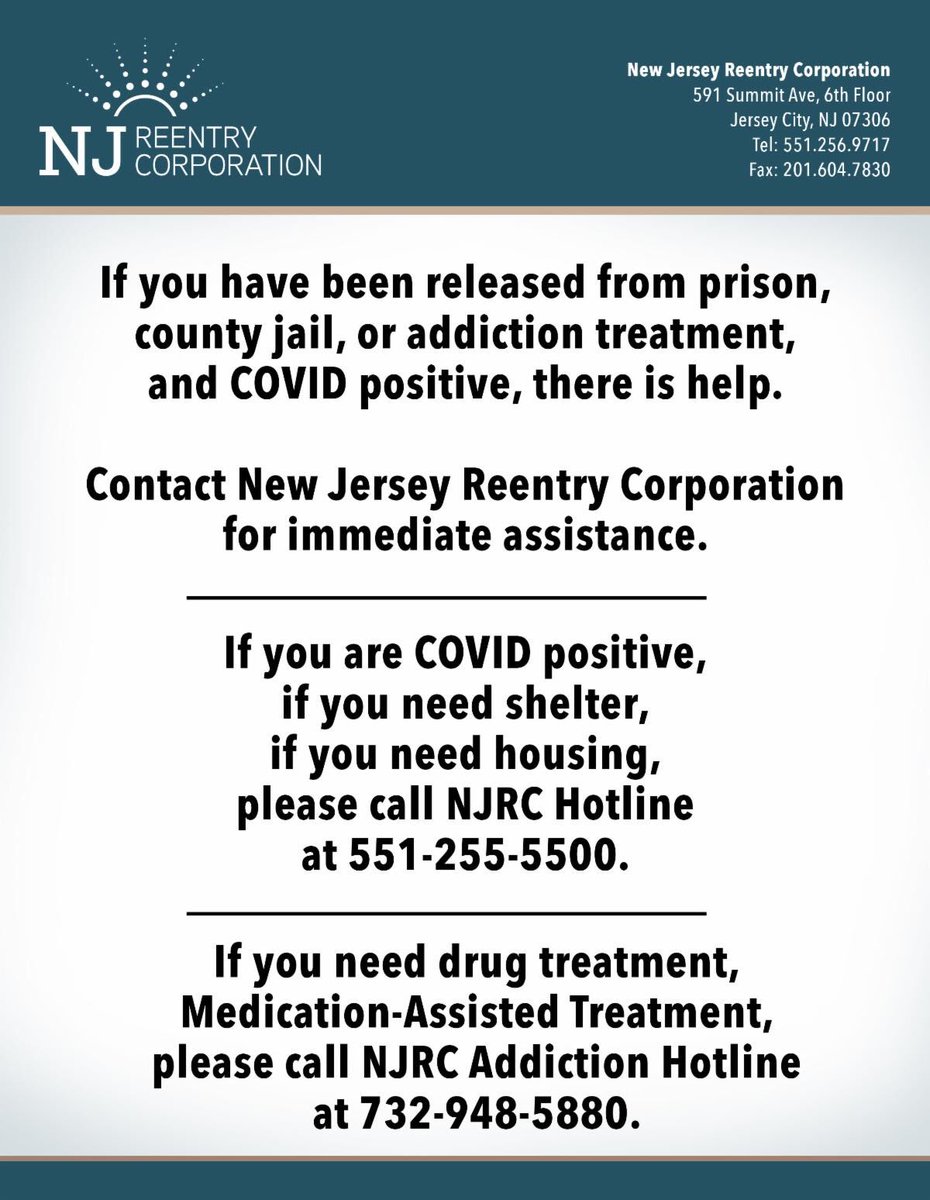 In past weeks with Omicron spreading, some persons being released from prisons, jails, &amp; addiction treatment centers without ID cards or vaccination cards. If persons are symptomatic, they are turned away from shelters. NJRC will provide immediate &amp; secure temporary shelter.