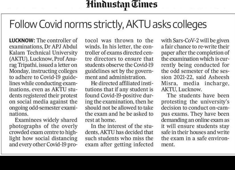 rmulko's tweet photo. The controller of exams, @AKTU_Lucknow, Prof Anurag Tripathi has  instructed colleges to adhere to #COVID19 guidelines while conducting examinations, even as #AKTU students registered their protest on social media against the ongoing odd-semester exams.
#AKTUStudentsLifeMatters https://t.co/bxb6mXmL1E