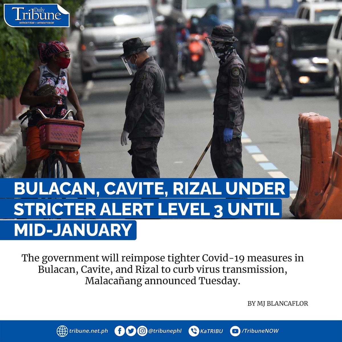 tribunephl's tweet image. The government will reimpose tighter Covid-19 measures in Bulacan, Cavite, and Rizal to curb virus transmission, Malacañang announced Tuesday.

READ MORE:

tribune.net.ph/index.php/2022…

#DailyTribune
#Alertlevel3
@karlo_nograles