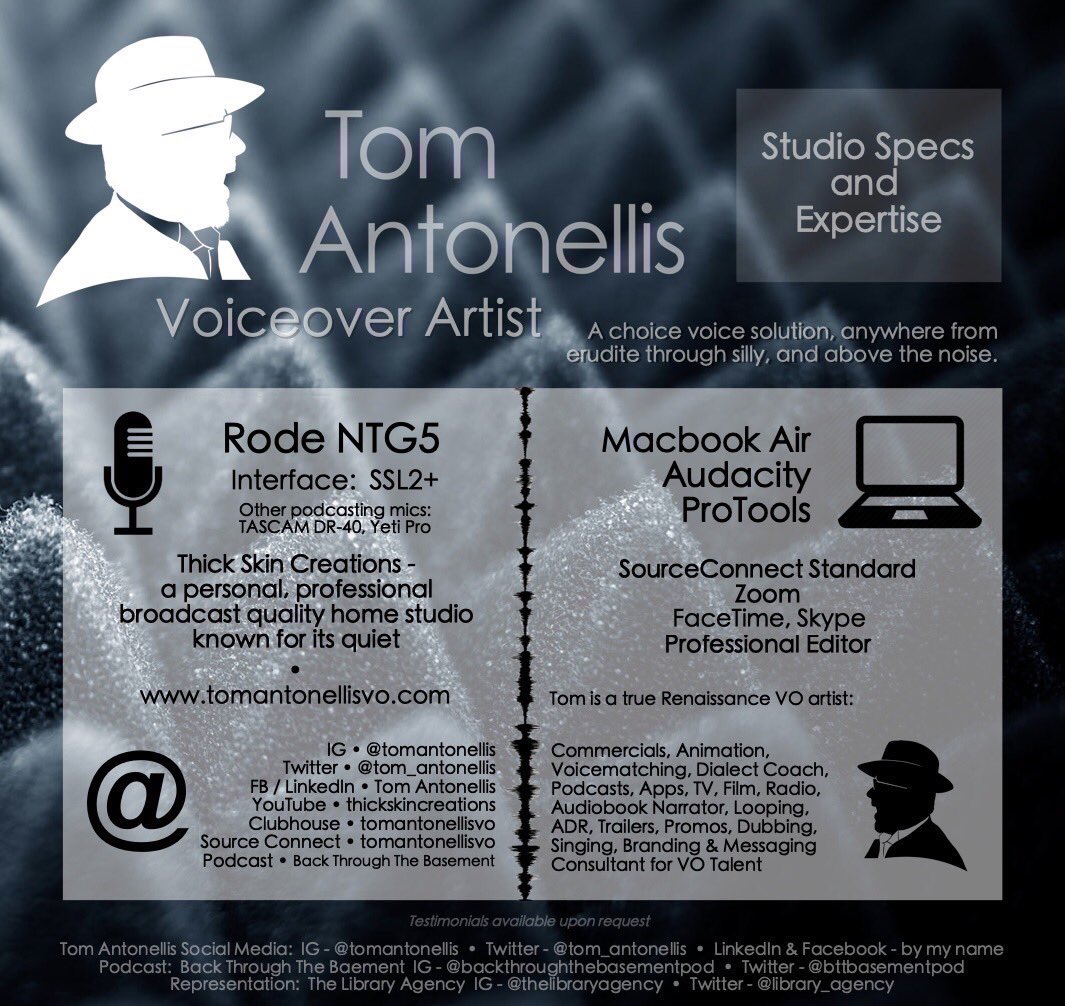 tom_antonellis's tweet photo. Thanks 4 asking, @sarajanesherman ! 🎙 I created this pic to answer this question when asked about my #studiospecs at #thickskincreations &amp; when asked for my contact info &amp; #skills . I have (&amp; ❤️ ) a @rodemics NTG5 shotgun mic. Search YouTube “Antonellis audio sample” to hear it. https://t.co/FOSgd47zjy