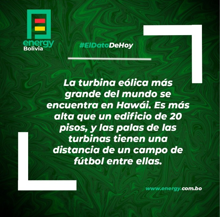 EnergyComBo's tweet photo. #ElDatoDeHoy 
La turbina eólica más grande del mundo se encuentra en Hawái. Es más alta que un edificio de 20 pisos, y las palas de las turbinas tienen una distancia de un campo de fútbol entre ellas.
#EnergiaEolica
#SomosLaEnergíaDeBolivia https://t.co/wcAp65NFP3