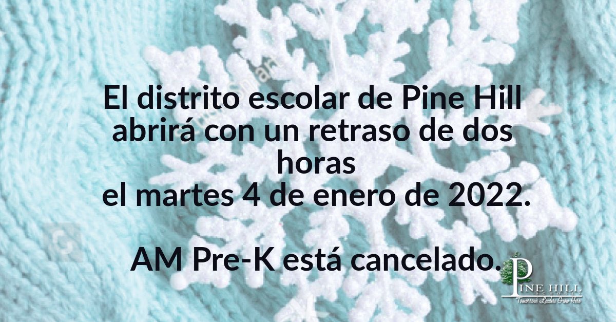 Families, the district will have a 2 hour delayed opening Tuesday, January 4, 2022. 
AM Pre-K is canceled.⛄️@OverbrookRAMS <a href="/btwp_schools/">BTWPSchools</a> <a href="/Bean_school/">Bean School</a> <a href="/GlennElementary/">John Glenn Elementary</a> <a href="/pine_middle/">Pine Hill Middle School</a> <a href="/PineHillPD/">Pine Hill Borough PD</a>