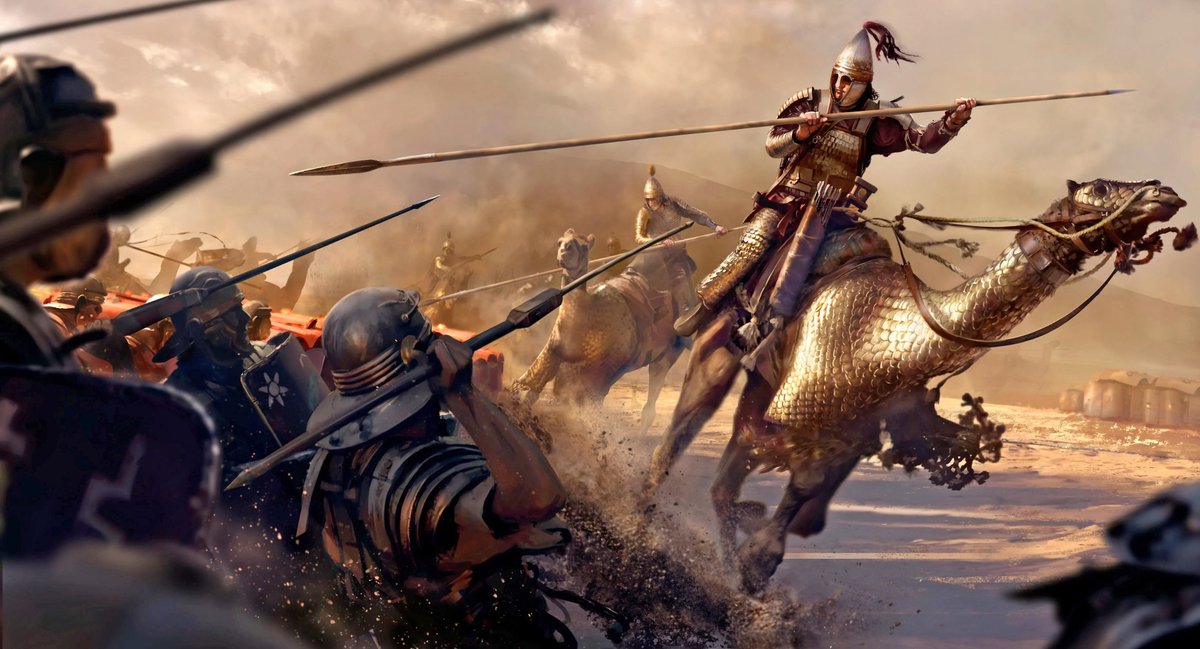 Parthian cataphract camel units in combat against Roman legionaries at the Battle of Nisibis, 217 AD. Cataphract riders and mounts were almost completely covered in armour, with the smell of the camels also known to panic the horses of Roman cavalry. (Image: Creative Assembly)
