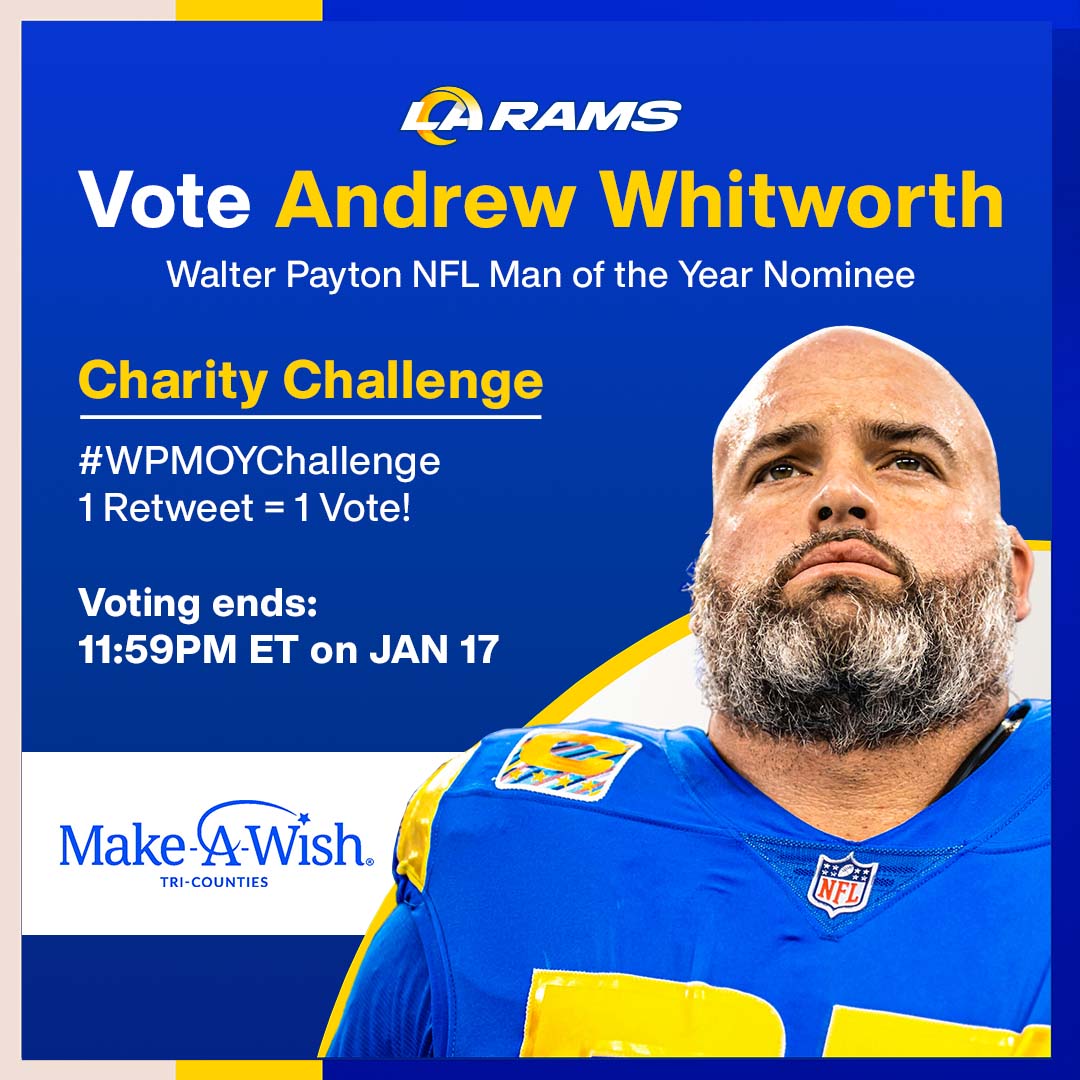 Make-A-Wish Family and Friends, lets help Andrew Whitworth win the NFL’s Walter Payton Man of the Year Award for his incredible community impact! Retweet this post to Vote! #WPMOYChallenge + Whitworth