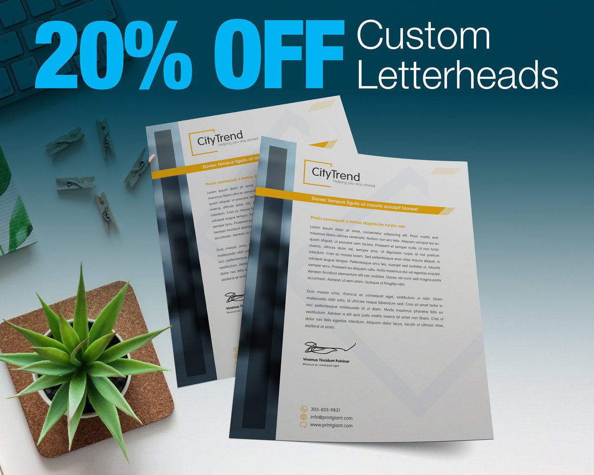 PrintGiant's tweet photo. Complete your business package this year with Custom Printed Letterheads! Take 20% OFF with code at checkout: LTTRHD20

https://t.co/PKbm5rDzm3 https://t.co/uYQgBouMpC