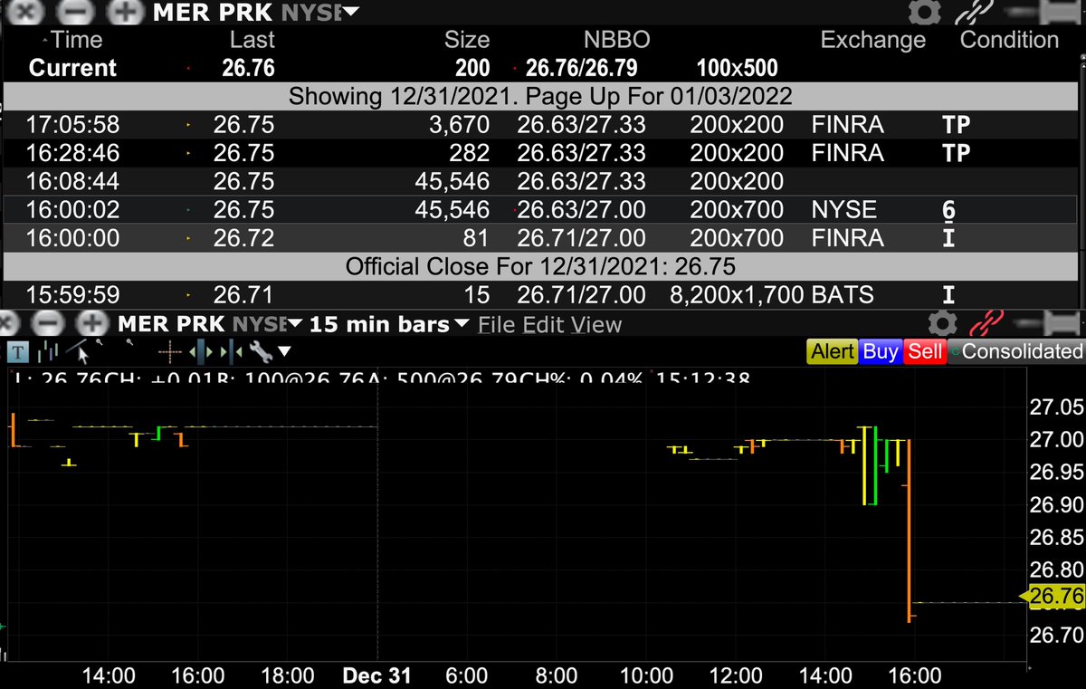 farrell_author's tweet image. Important to remember: not all #Wallstreet #trading involves #darkpools, #marketmanipulation or predatory behavior. Here is an example of a fair matching of buyers and sellers on the NYSE on the 4pm closing print on the NYSE in  MER pref K on Dec 31.  45,546 shares.