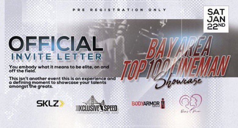 Blessed to be invited to the Bay Area Top 100 Linemen Showcase! <a href="/XclusiveSpeed/">Xclusive Speed</a> <a href="/BrandonHuffman/">Brandon Huffman</a> <a href="/DomsMomFDN/">𝔻𝕆𝕄’𝕊 𝕄𝕆𝕄 𝔽𝕆𝕌ℕ𝔻𝔸𝕋𝕀𝕆ℕ</a>