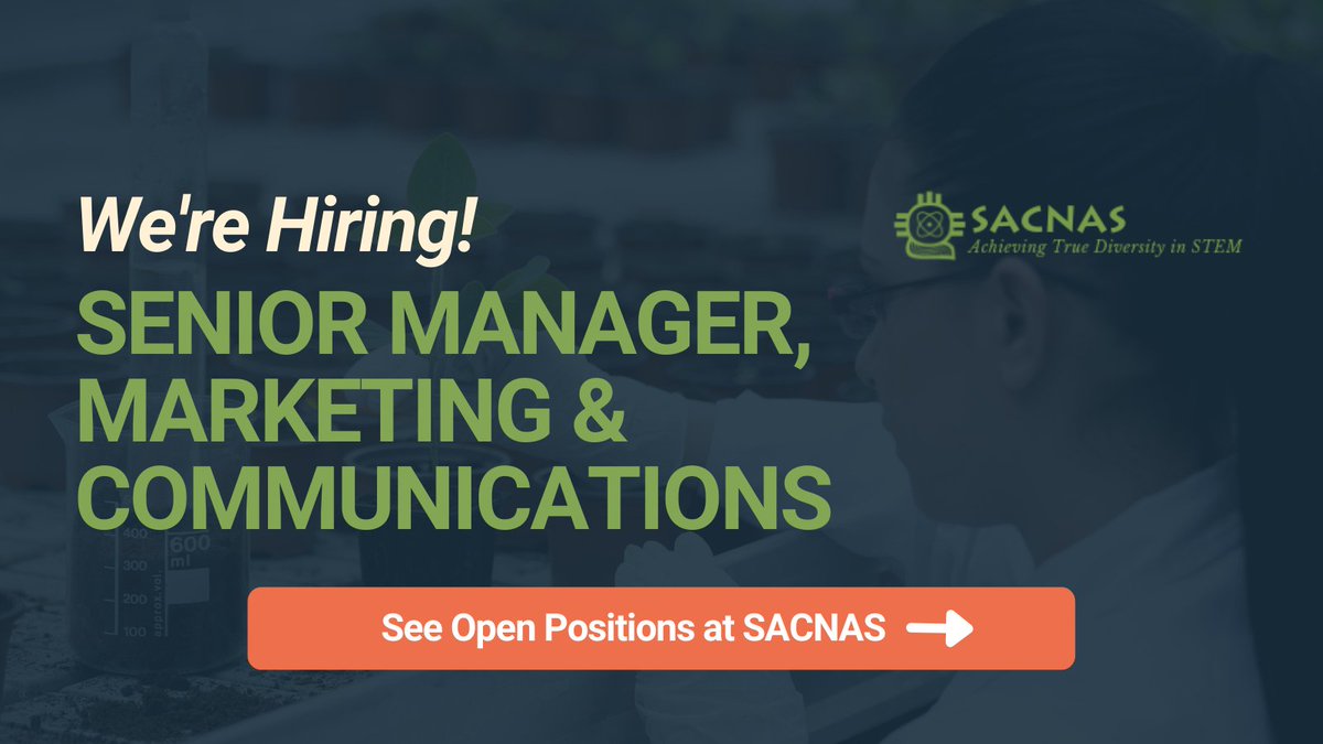 SACNAS's tweet photo. We're #hiring a Senior Manager, #Marketing &amp; #Communications— Come work at the intersection of science, culture, and community!
✔️ Full time, remote
✔️ Competitive salary, plus excellent benefits
✔️ Learn more &amp; apply: https://t.co/BDiE3tfth8 https://t.co/i4pz3YPD3e
