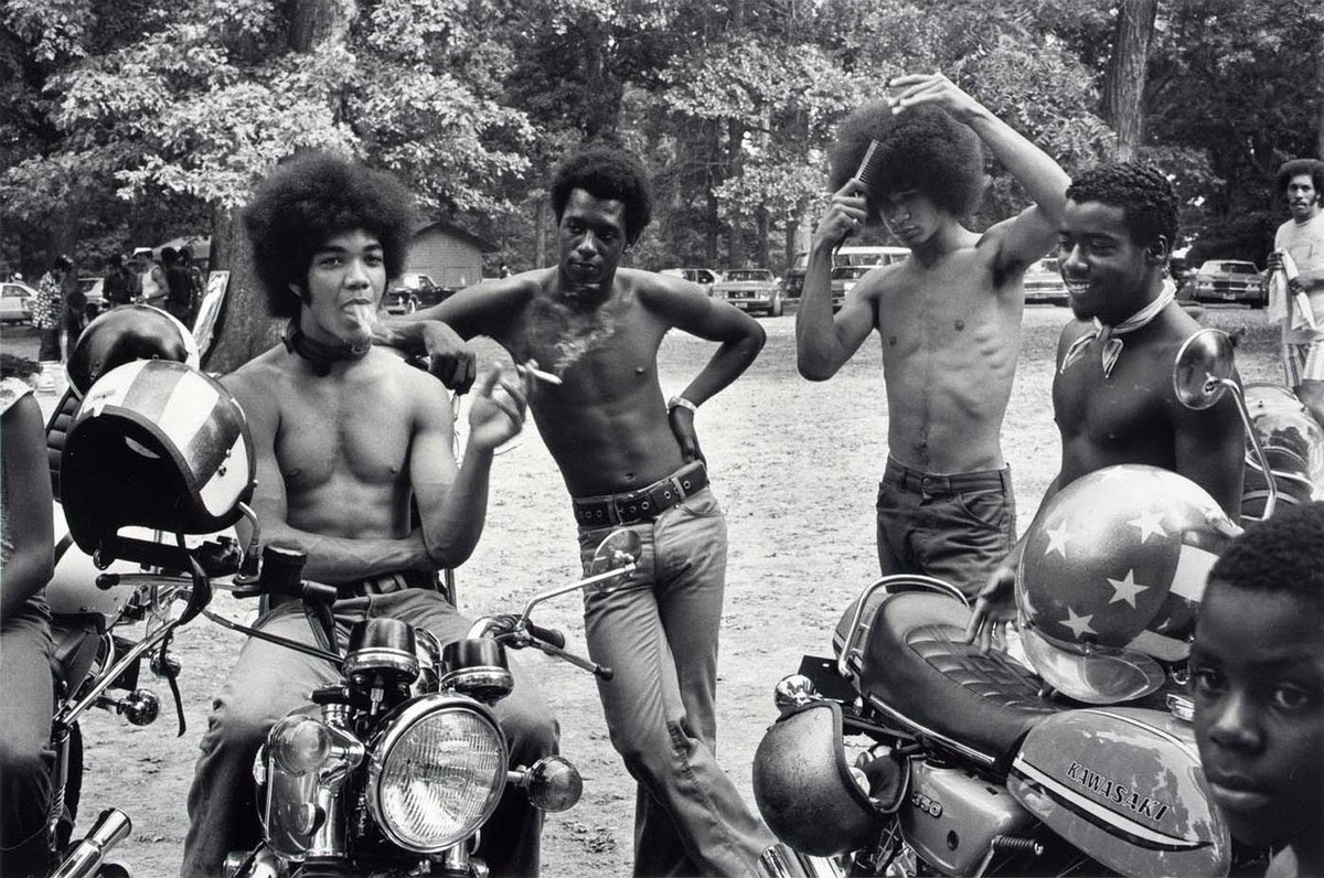 OLDDMVPICS's tweet photo. Baltimore, Maryland (1973). Bikers take a break in Druid Hill Park. Photographed by Roland L. Freeman. https://t.co/nsbe6TEq3M