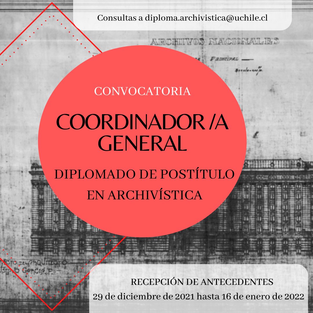 DArchivistica's tweet photo. Les dejamos invitados(as) a postular a la vacante para Coordinador/a General de nuestro Diplomado de Postítulo en Archivística #convocatoria #archivo #archivistica #Chile #diplomado #uchile @ANdeChile https://t.co/5bOulrqRcV