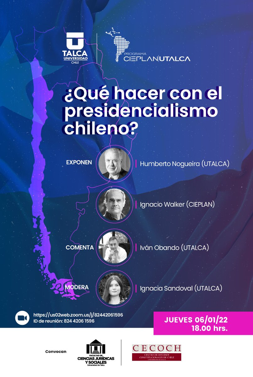 #Cieplan junto a la Universidad de Talca te invitan a participar del seminario "¿Qué hacer con el presidencialismo chileno?" el cual se realizará este jueves 6 de enero a las 18:00 horas, vía zoom.

Para participar inscríbete en bit.ly/presidencialis…
