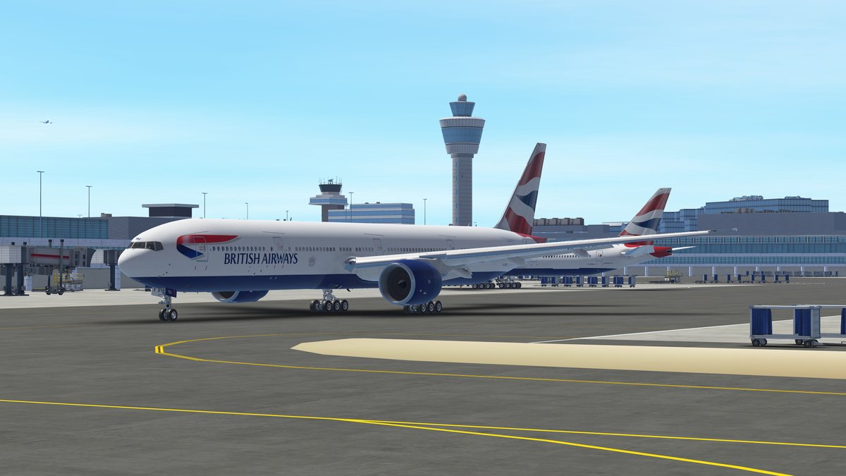 infiniteflight's tweet photo. British Airways B777-300ER taxiing for departure at Amsterdam Schipol with company parked at the gate. #NewLoadingScreen https://t.co/Ej7KBzPeWU