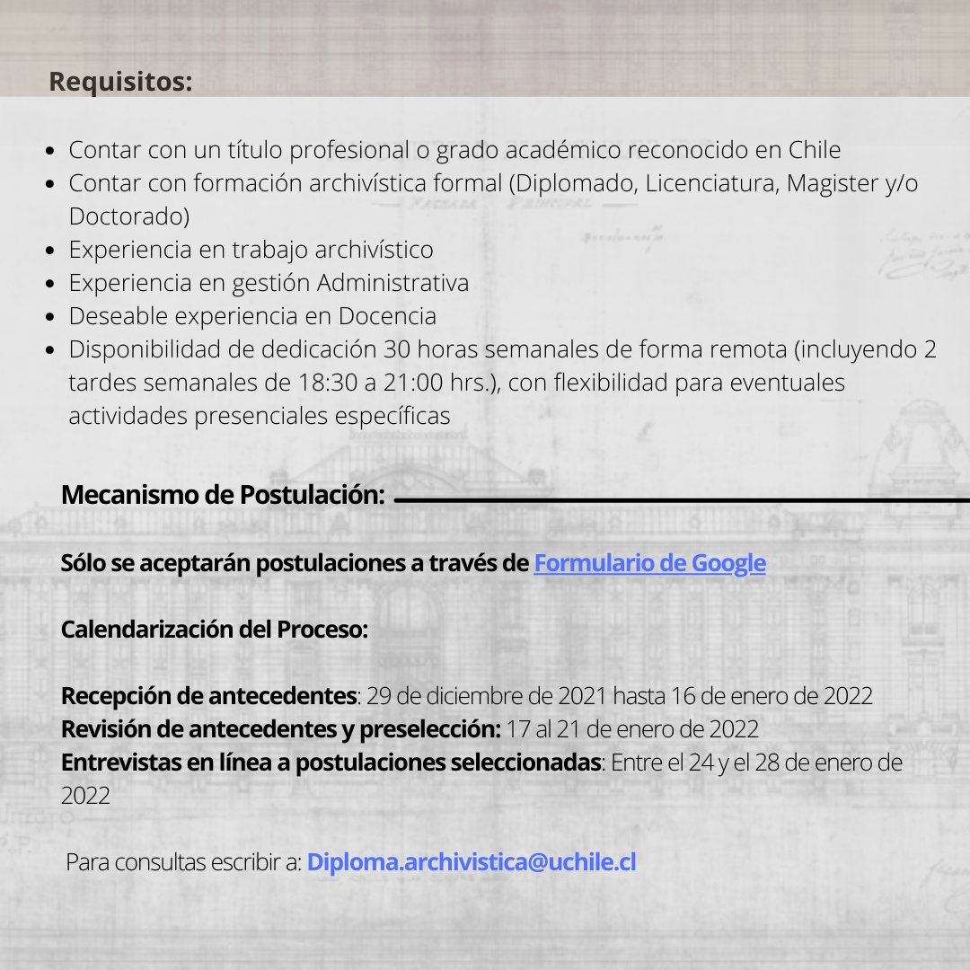 Les dejamos invitados(as) a postular a la vacante para Coordinador/a General de nuestro Diplomado de Postítulo en Archivística #convocatoria #archivo #archivistica #Chile #diplomado #uchile <a href="/ANdeChile/">Archivo Nacional</a>