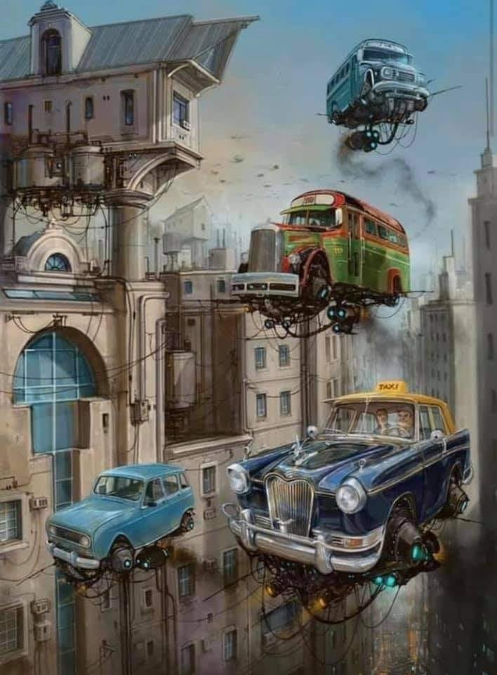 BsAs_recuerdo's tweet photo. Colectivos, renoleta, tacho Di Tella con fercho y pasajero, todos flotando en el aire de una Buenos Aires oprobiosa y espectral, a la vez sesentista y distópicamente futurista. Tal lo que sugiere esta obra de la serie "Universo Chatarra" de Alejandro Burdisio. https://t.co/KPNcHHW5Gf