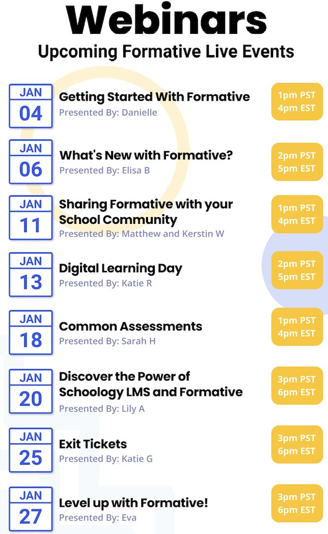 MrsBSpanish's tweet photo. Hey all -- @goformative has a great lineup of free webinars coming this month! I'll be hosting What's New With Formative on Thursday! #edtech #Teachers #edchat 

Register at: https://t.co/WDhcQMzcXN https://t.co/IjDsK4rtvp