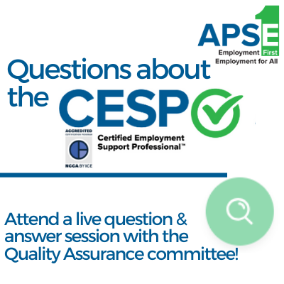 CESPcertified's tweet photo. Credential Q&A: Certified Employment Support Professional™
For those working directly with businesses & people with disabilities to support employment for all!
Join Wednesday, 1/19/22 & learn more!
4:00-5:00 PM EST, 3PM CST, 2PM MST, 1PM PST
Register🗓 https://t.co/m549yFRQNn https://t.co/znnb4lJOup