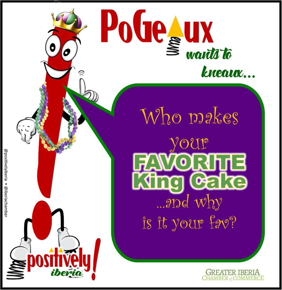PositivelyIber1's tweet photo. PoGeaux the Positive Pling wants to kneaux... who makes your FAVORITE King Cake and why is it your fav?  Share this and let's get the Mardi Gras party started! https://t.co/ZUFwK6XgMr