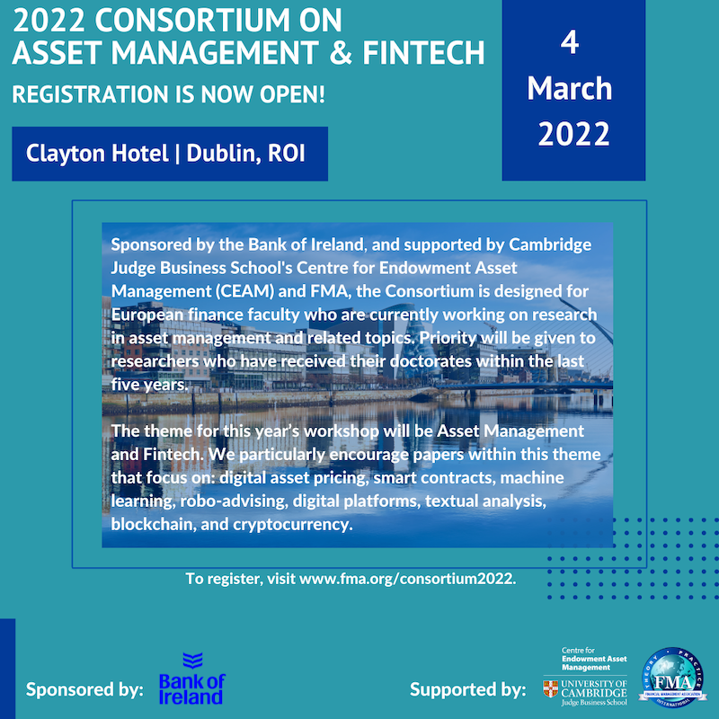 finmgmtassoc's tweet photo. We are excited to announce registration is now open for the 2022 Consortium on Asset Management and Fintech!

For details and to register, visit https://t.co/DacxvXmIQX. https://t.co/JE4m7e5RjO