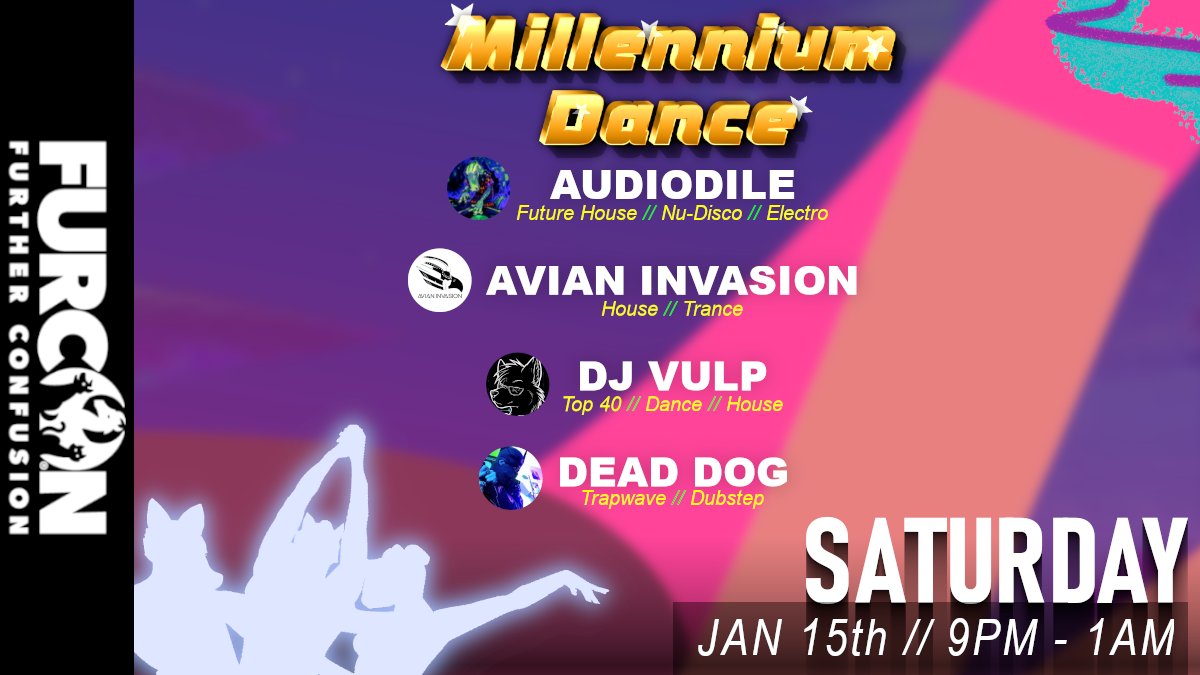 FurConDances's tweet photo. Saturday Night we invite you to join us in celebration as we countdown to Y2K at our Millennium Dance!

Your DJs for the night:

@microdile
@avianinvasion
@DJVulp
@deaddog206 

#FC2022 https://t.co/IhVoDT8ESl