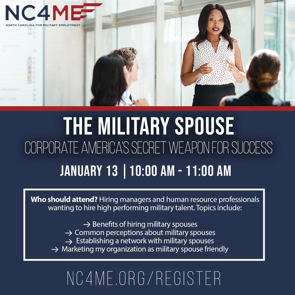 Join us for this virtual leadership forum NEXT WEEK to discuss the value of #hiring #militaryspouses!

SHRM PDC's will be provided!

Registration: lnkd.in/eyQ-WCNk

#militarytransition #milspouse #militarycommunity #hiremilitary #militarytalent