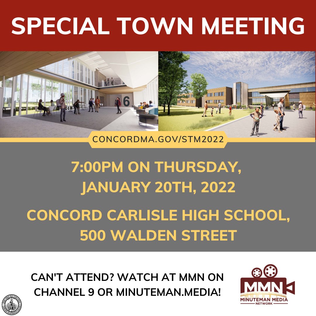 Special Town Meeting is coming up on January 20th! Not sure what is on the warrant? Visit concordma.gov/STM2022 (concordma.gov/2935/Special-T…) to learn all about the Middle School Project. Can't attend? Watch LIVE on channel 9 or at minuteman.media