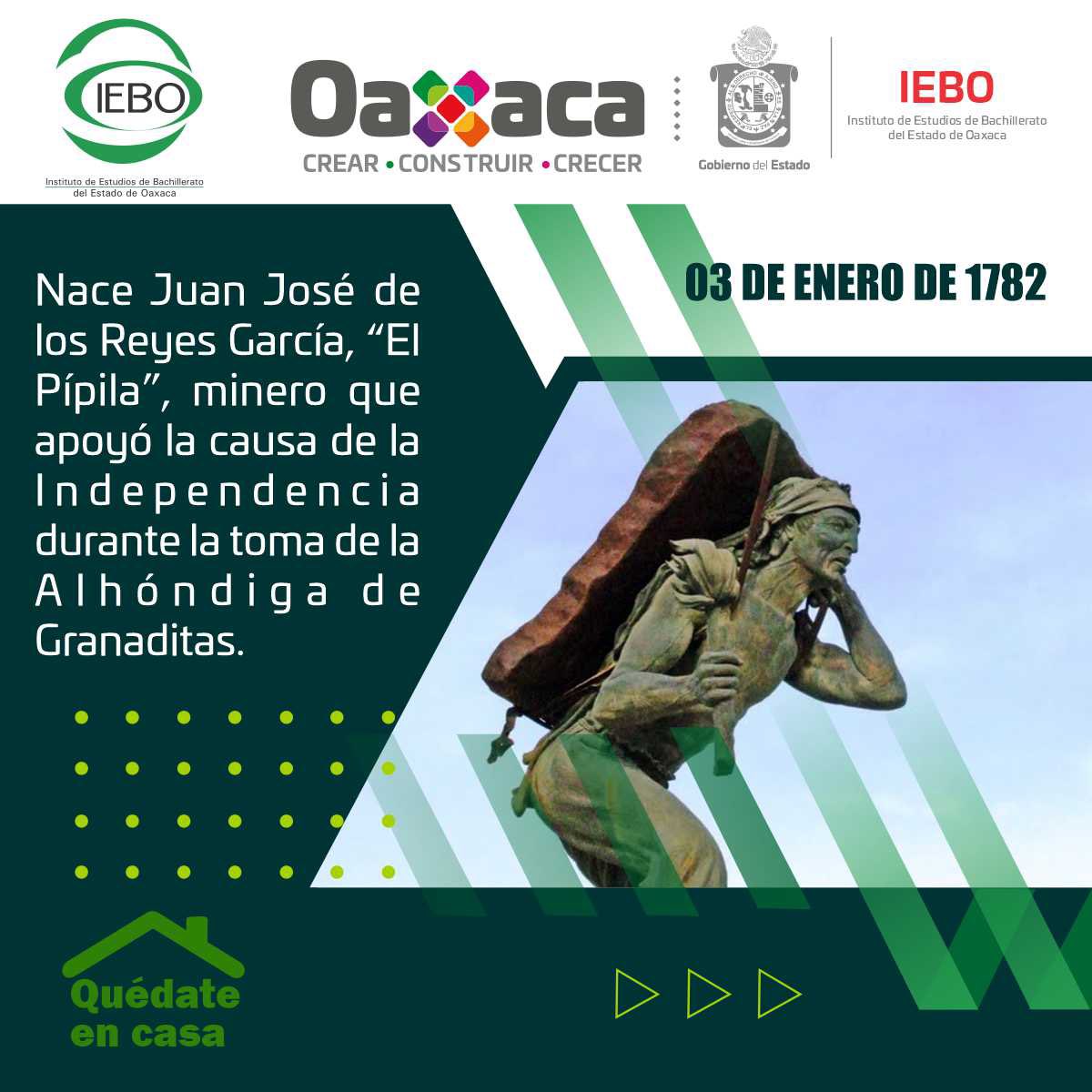 El 03 de enero de 1782, nació Juan José de los Reyes García, el Pípila. Minero e insurgente en la guerra por la Independencia de México.