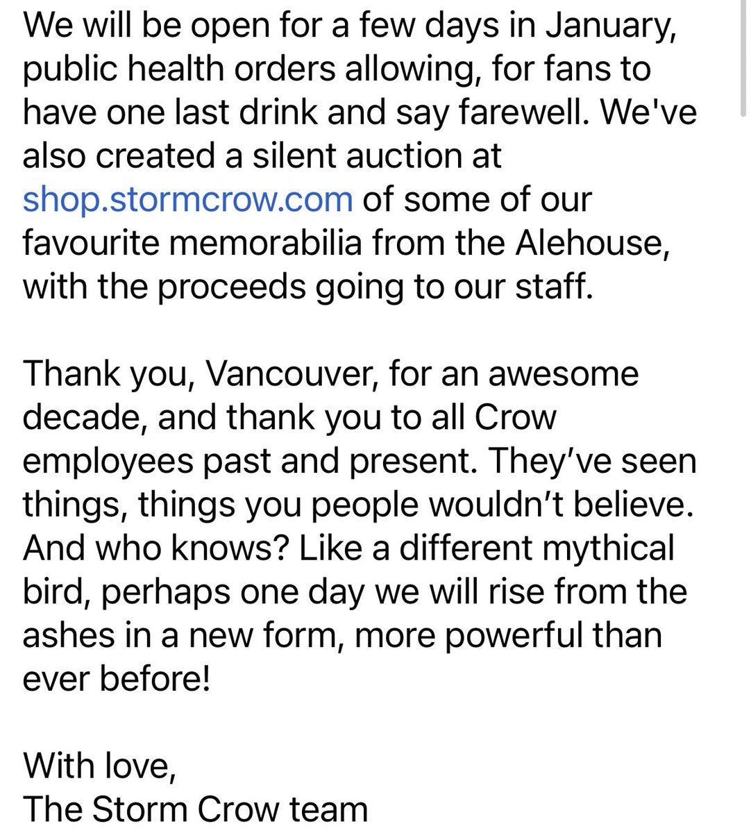 crowalehouse's tweet photo. We have a sad announcement to make. Please read. Then give us a hug. Then go bid on some of the cool memorabilia we’re auctioning at https://t.co/zpzypekXhM, with proceeds going to our staff.

We love you, #Vancouver. Thank you for a great run. ❤️ https://t.co/OTx6TAjGUa