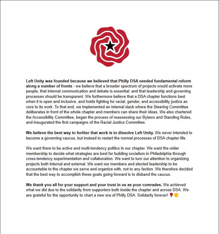 LeftUnity4PDSA's tweet photo. Left Unity was founded because we believed that @PhillyDSA needed fundamental reform along a number of fronts. 

We believe the best way to further that work now is to dissolve the caucus. 

We thank you for your support and your trust in us as your comrades.

Full statement ⬇️ https://t.co/yEO5gJDRE3
