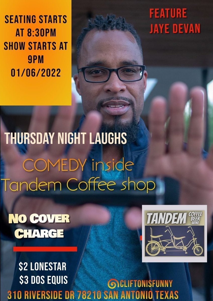JayeDevan's tweet image. San Antonio!!! Come get these laughs from us this Thursday night, 1/6!!! I'll be featuring @tandemsatx with @cliftonisfunny!!! Show starts @ 9pm!!! Everything!!!

#everydaydude #standup #comedian #writer #temperyourself #applyasneeded