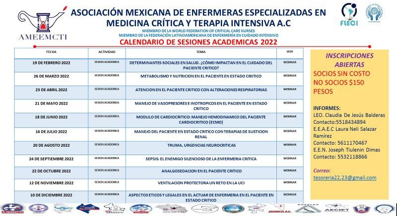 AMEEMCTI2020's tweet photo. AMEEMCTI A.C
La Asociación Mexicana de Enfermeras Especializadas en Medicina Críticas y Terapia Intensiva A.C te invita a participar en sus sesiones académicas 2022.

¡¡No te puedes quedar fuera!! 

"Unidad, Capacitación y Liderazgo, Eje de la Enfermería  en el Cuidado Critico" https://t.co/ybiL7fhqoM
