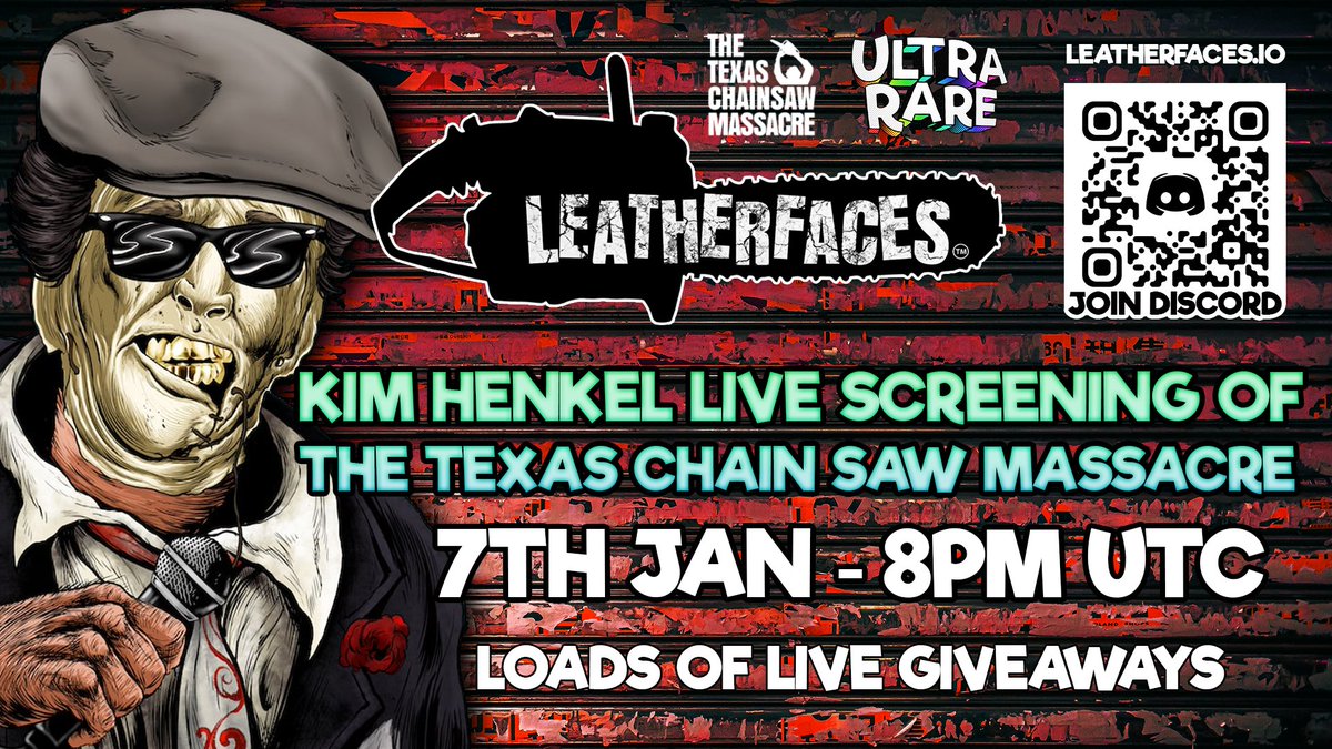 UltraRareUK's tweet photo. The legendary Kim Henkel co-creator of Texas Chain Saw Massacre joins us this Friday @ 8PM UTC for a private screening of TCM for all Leatherface and 666 card-holders.
Plus loads of exclusive giveaways for holders.
#LEATHERFACE #OpenSeaNFT #Horror #NFTCommmunity @ChainsawTX https://t.co/1m9roMyyHK