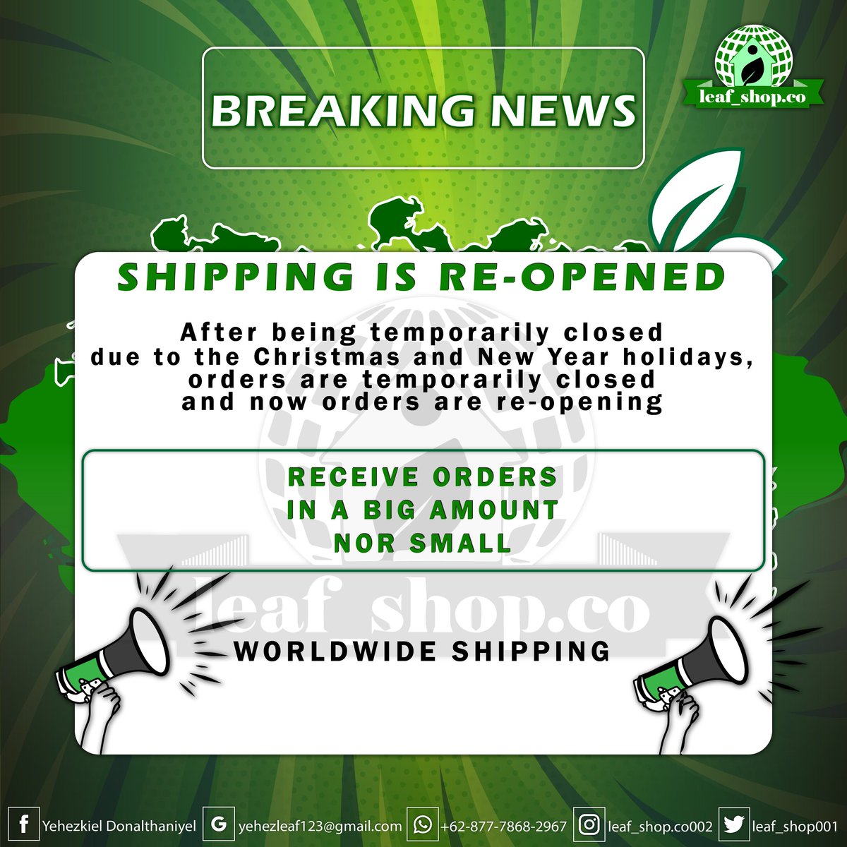 leaf_shop001's tweet photo. 🎇ORDERS OPEN BACK 🎇
After temporarily closing the Christmas and New Year holidays and shipping now reopening, orders will also automatically reopen. Let's order new year kr4atom must also be new with different flavors and strains from the previous year. 
•
CONTACT US
#kratom https://t.co/7bmM0UewRZ