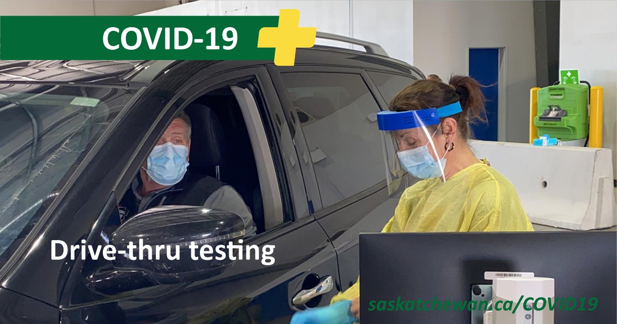 SaskHealth's tweet photo. The Drive-Thru testing site in Saskatoon at 3630 Thatcher Avenue is at capacity for testing today. The current line is at four hours which takes us to the end of the day. https://t.co/MsWGCVb7p4