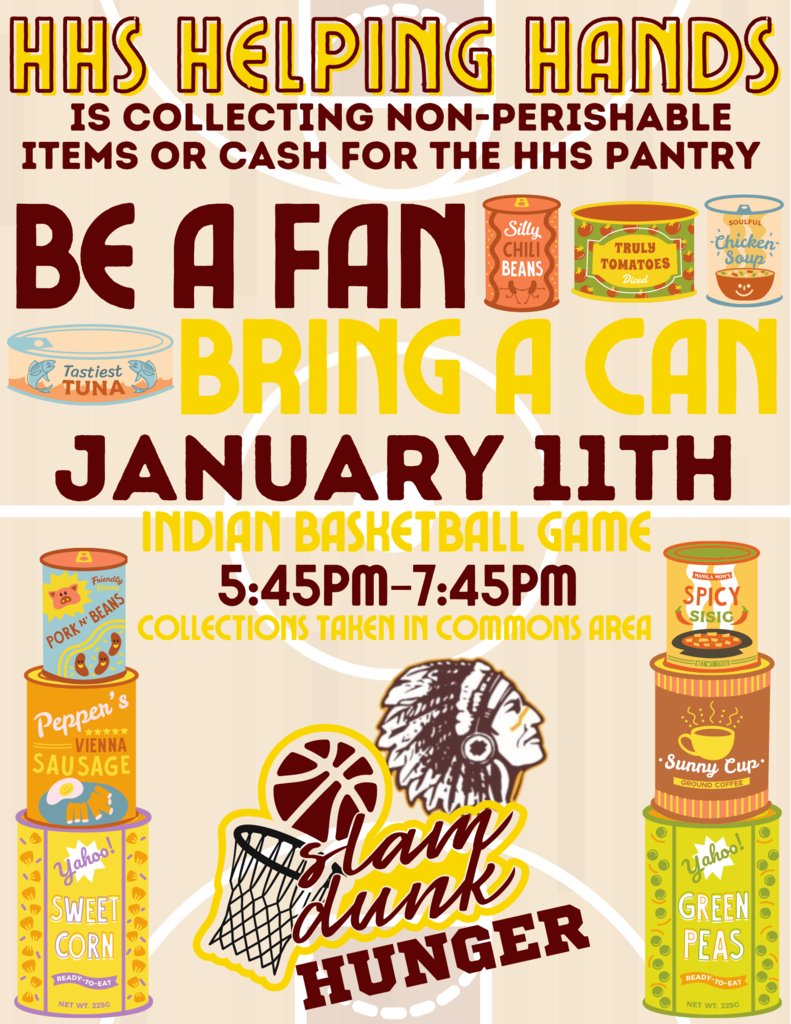 The Hays HS Helping Hands organization is collecting non-perishable food items at the Hays vs. Great Bend basketball game on January 11th.  Help us support a good cause!