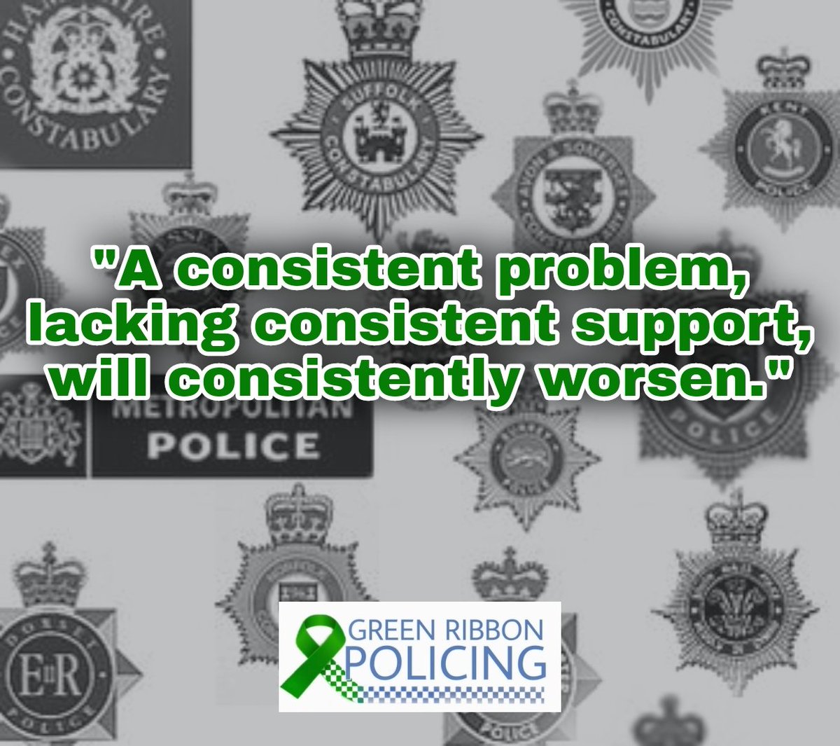 43 UK police forces with a consistent problem of their officers suffering from mental ill health.
They're Inconsistent and lacking with support provisions to aid with preventing psychological decline.
Let's get a mandatory national standard enshrined in law!

#GreenRibbonPolicing