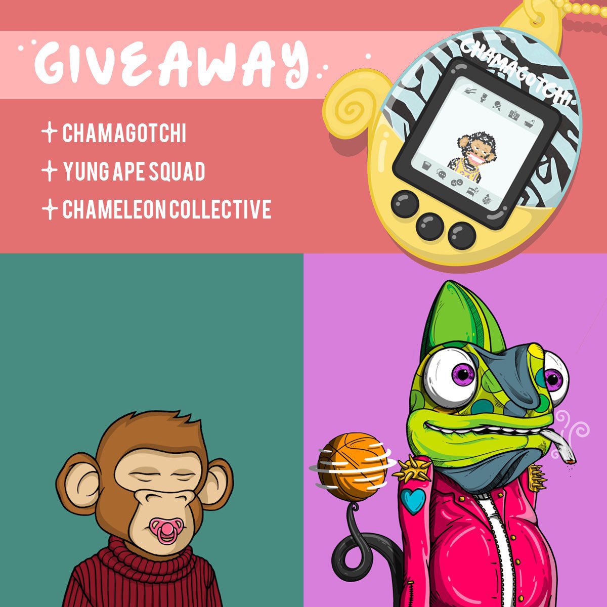 yungapesquad's tweet photo. 📬 3 NFT giveaway 📬
     Follow and RT to Enter
⁃@YungApeSquad 
⁃@chamagotchi 
⁃@Chameleon_NFT   
This is one of the many ways we want to give back to our holders! 
By inviting them to new communities and fun opportunities! https://t.co/IQdlXc6oTt