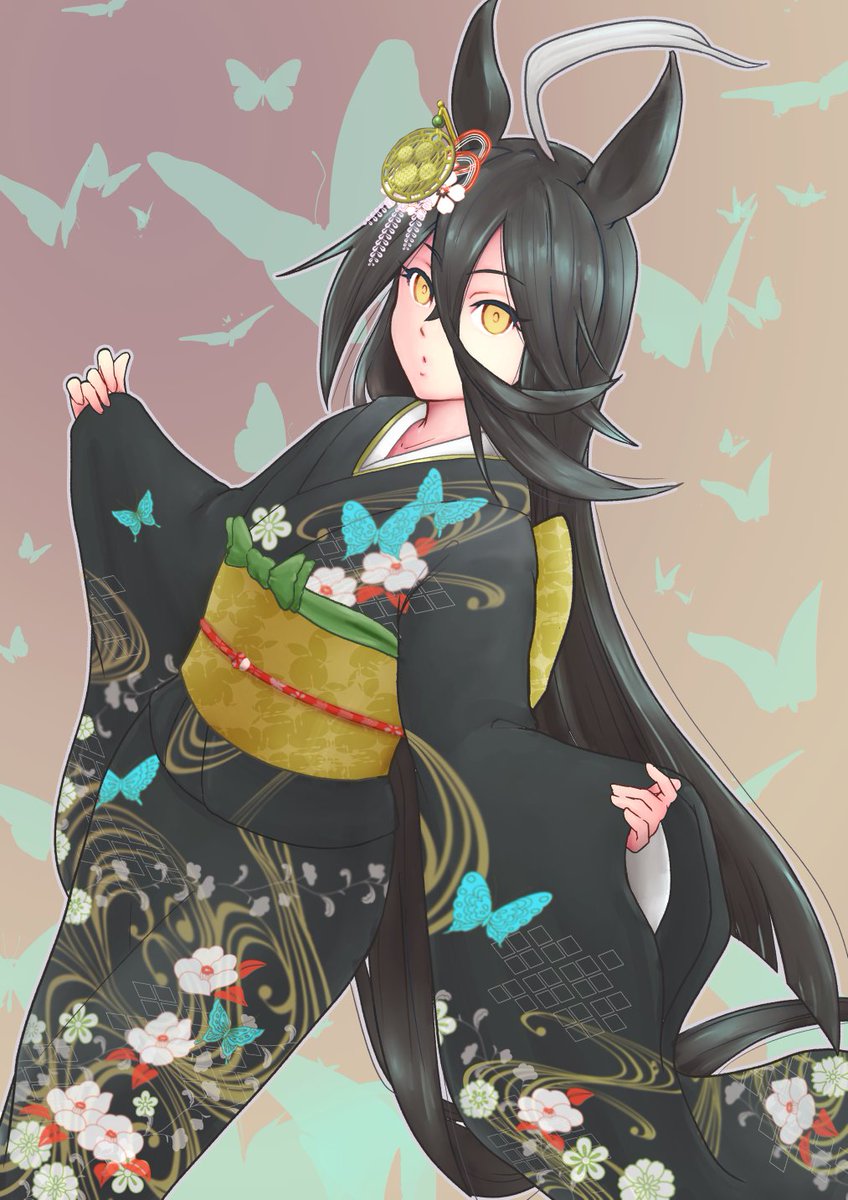 manhattan cafe (umamusume) 1girl animal ears long hair horse ears japanese clothes solo black kimono  illustration images