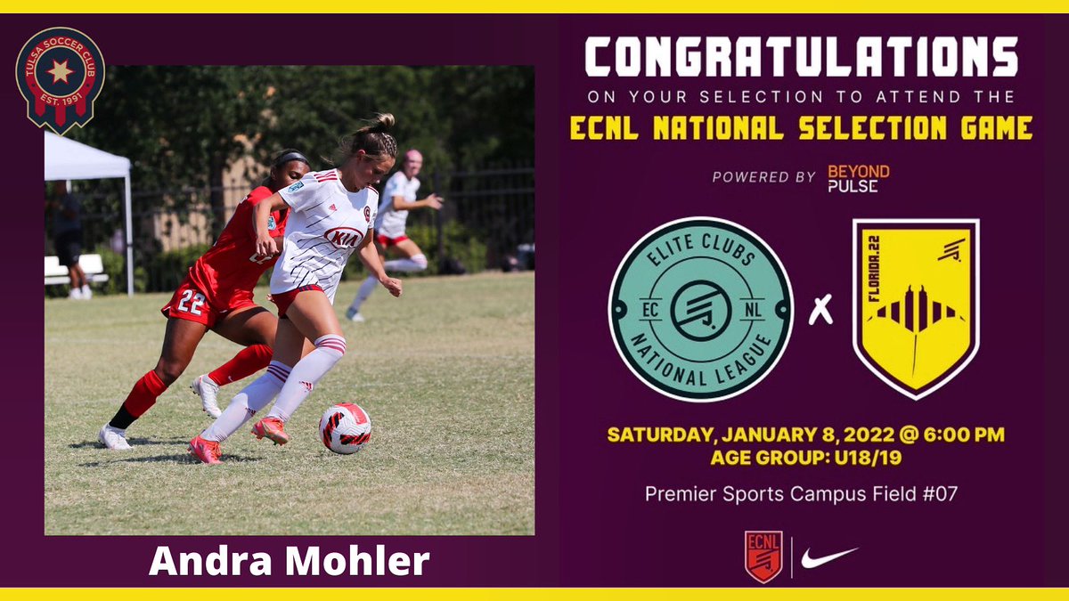 TulsaSC's tweet photo. Congratulations to one of our @TulsaSC 03/04 @ECNLgirls player @andramohler on being selected to play in the ECNL Selection Game in Florida this weekend 🔥⚽👏

#tulsasc #ecnlfl https://t.co/ovJHncHv3M