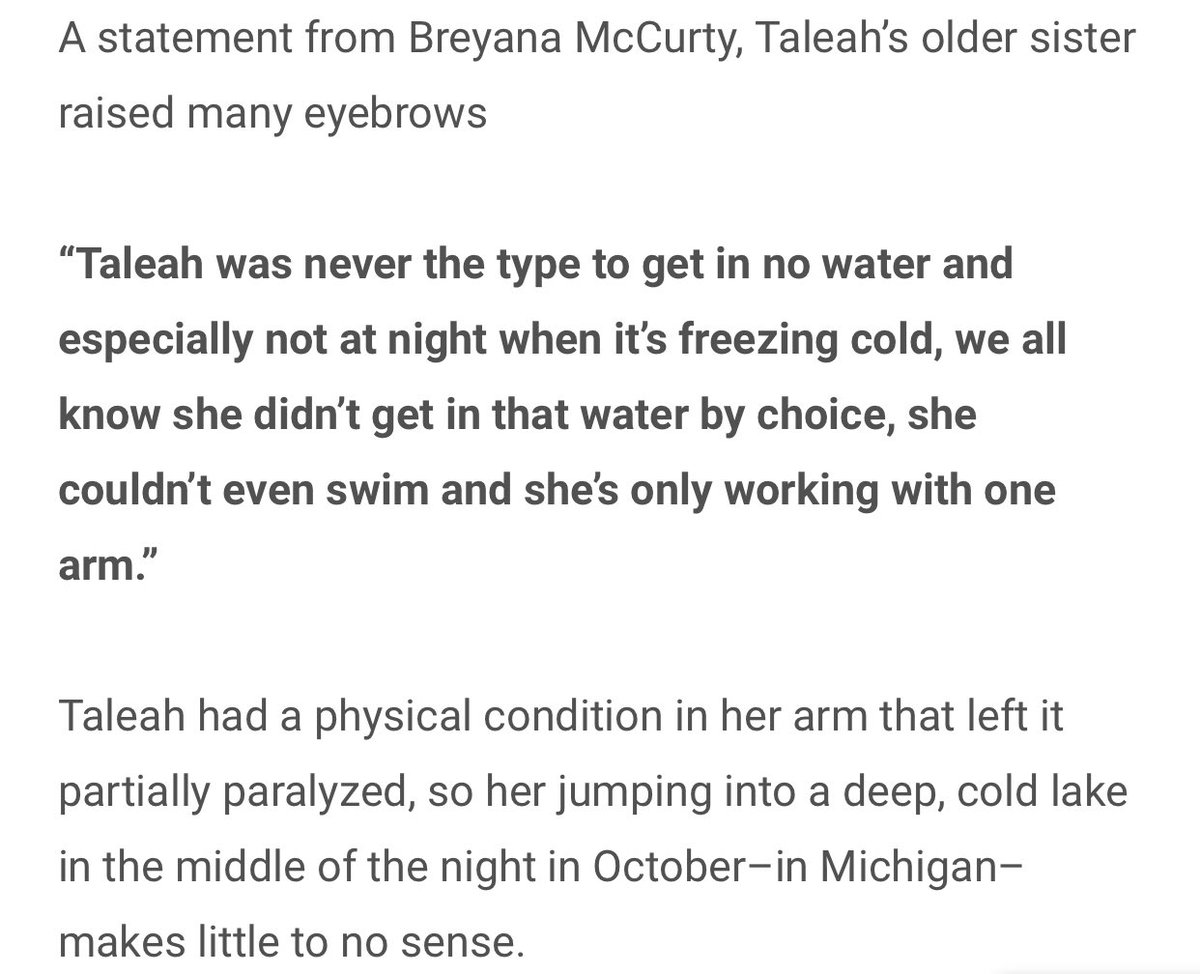 chaoticorhonest's tweet photo. Unfortunately Taleah Lowe’s death was ruled an accidental drowning but it just doesn’t add up. She had a condition that left one of her arms mostly paralyzed and never got in the water for that reason, and lake swimming in October? Links below. #TaleahLowe https://t.co/Za1wVEIMjD