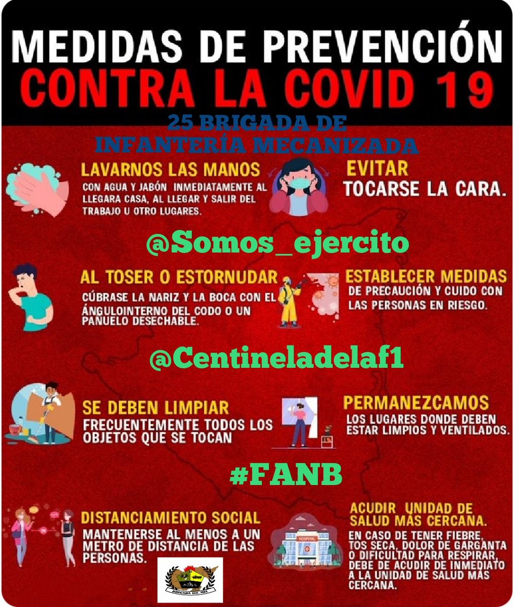 centineladelaf1's tweet photo. #03ENE22||#25BrinfMec||#Enterate de las🚨Medidas de Prevención Contra #Covid_19 🚨¡Cumple con las medias de bioseguridad para tú bienestar y de tu familia! La #Prevencion es la contención para aislar el virus #Covid-19. #FANB te recuerda que ganar esta batalla es tarea de todos. https://t.co/A8eo34fdkr