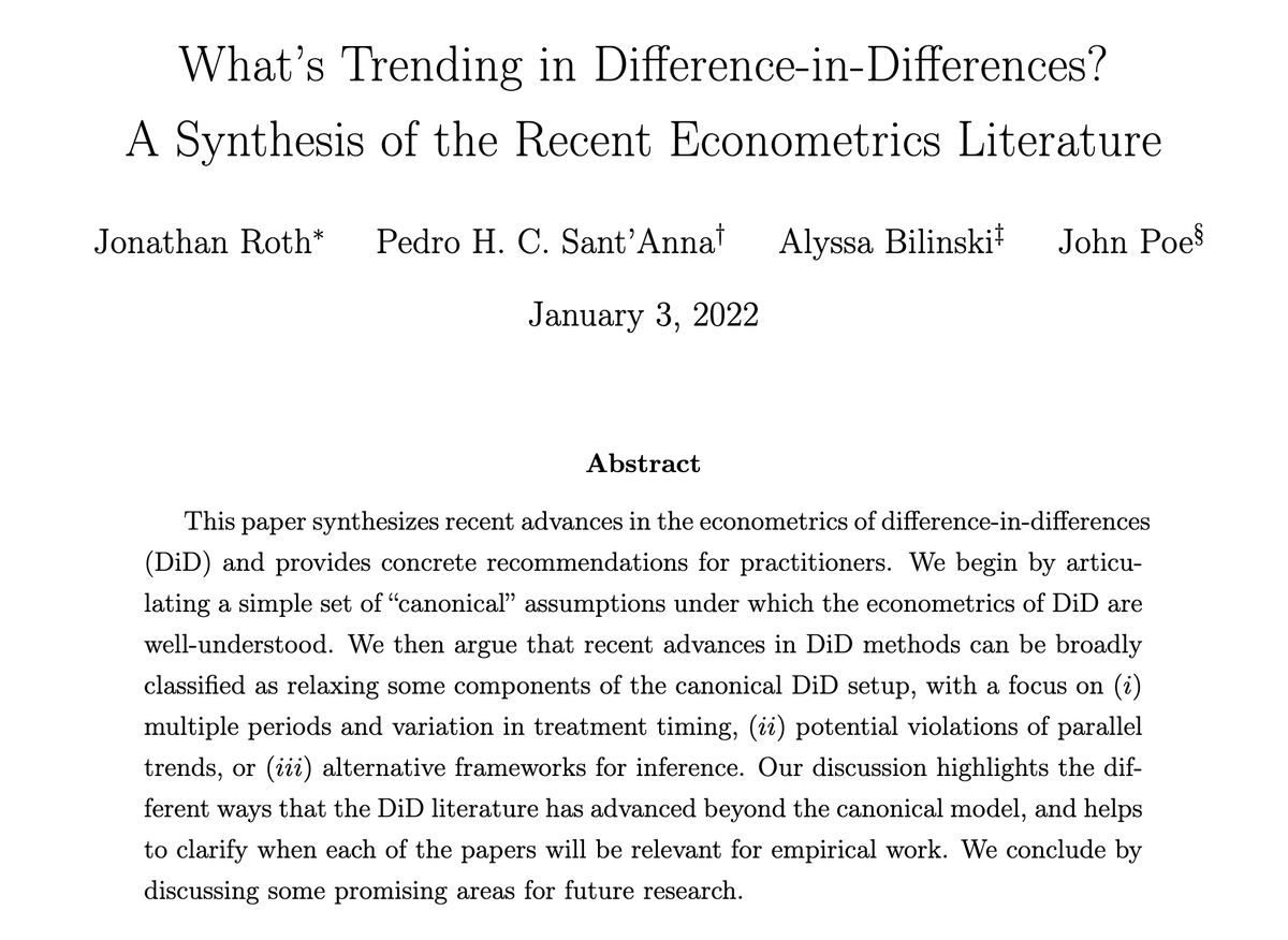 jondr44's tweet image. Hey #EconTwitter - was your New Year's resolution to catch up on the recent DiD literature?
If so, you might like our new review paper,
What's Trending in Difference-in-Differences? A Synthesis of the Recent Econometrics Literature
jonathandroth.github.io/assets/files/D…