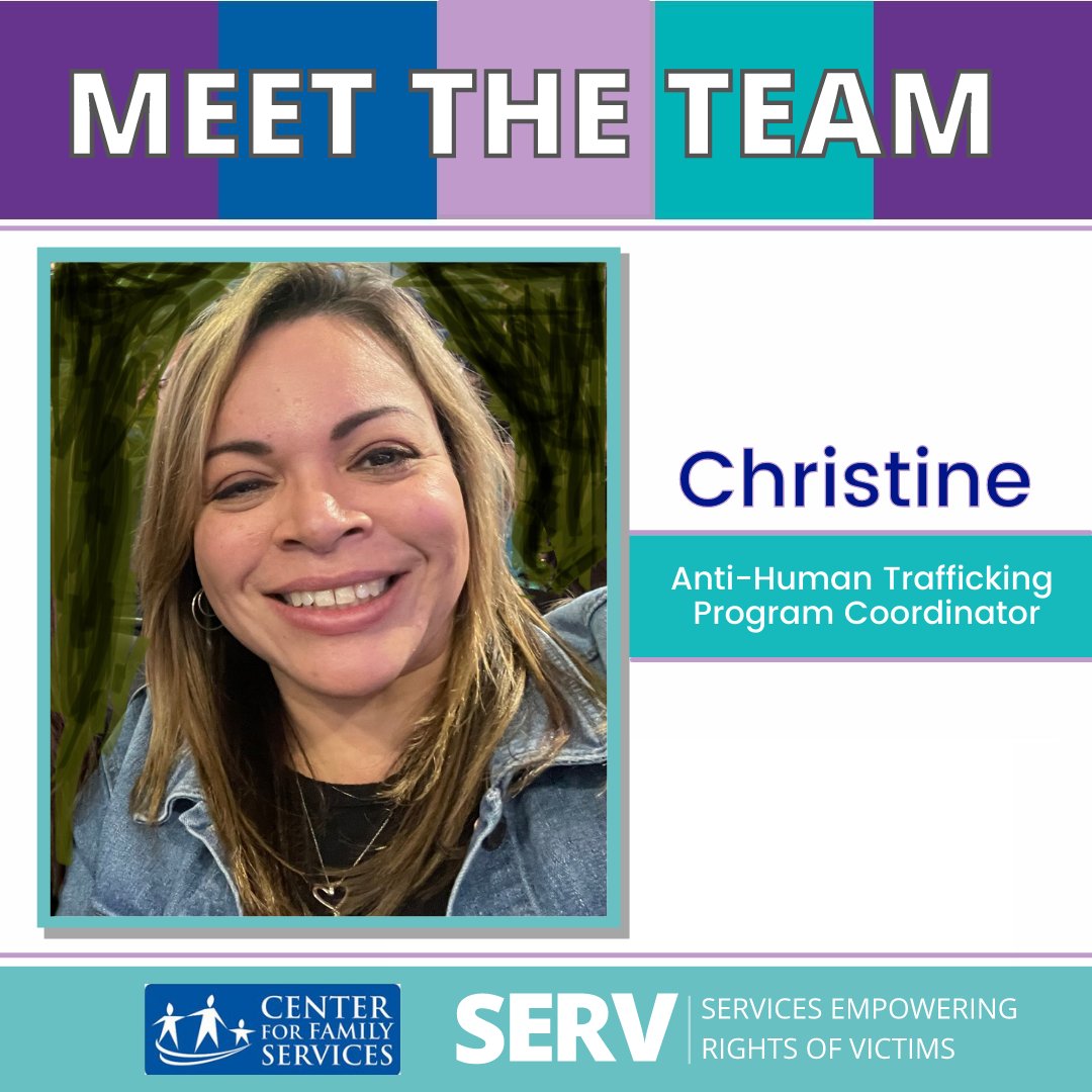 Meet SERV's Anti-Human Trafficking Program Coordinator, Christine! She supports the anti-trafficking team case managers and advocates in providing education and awareness, crisis intervention services, advocacy and services to survivors, and so much more! cfsserv #htam2022