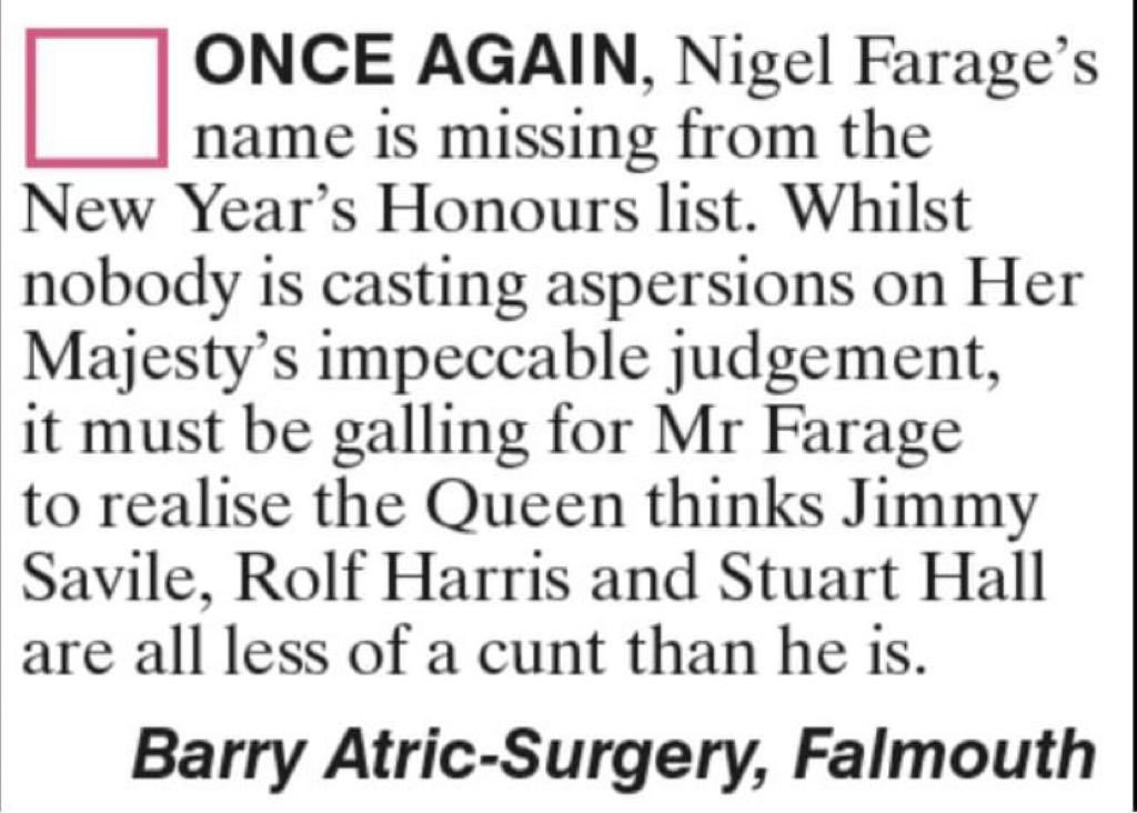 brollybruce's tweet photo. #farage #HonoursList #HappyNewYear https://t.co/U26cQsOvFD