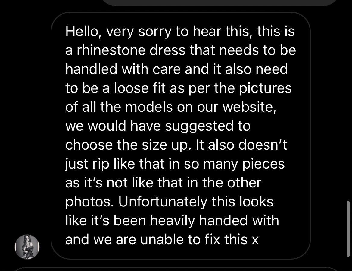 destinyjxdeca's tweet photo. I recently ordered from @SorelleUK which is one of my favourite brands. The dress subsequently fell apart within an hour. I contacted them in regards to the dress malfunction and I can not believe how they have responded. ( see below ) https://t.co/IK0q8krG9N