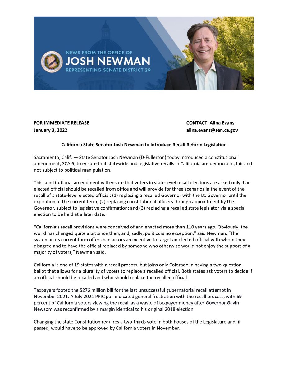 JoshNewmanCA's tweet photo. Today - our first day back in Sacramento - I introduced a constitutional amendment, #SCA6, to ensure that statewide & legislative recalls in CA are democratic, fair & not subject to political manipulation.
Hat tip to principal coauthor @SenBobHertzberg.
https://t.co/o4f2DR9rCM https://t.co/JmJtVnptcd