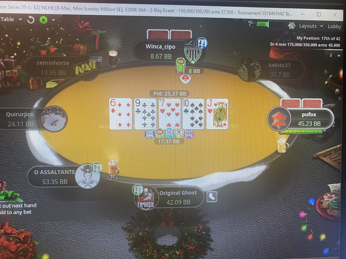 Still going strong!!! Was down to 4 bigs within the last hour lol 😅
Let’s get to that final table 🤞🏼 
#pokerstars #deeprun #onetime #bink #shipit