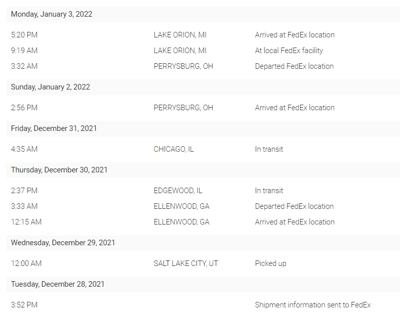 ChrisWHendricks's tweet photo. Remember when @FedEx  used to be reliable.  Package was supposed to be here 12/31 then delayed to 01/02 then 01/03 and now 01/04.  3 days to get from Chicago to Ohio, been in Lake Orion since this morning and still there. Unacceptable. @FedExHelp what is taking so long! https://t.co/ad9VO54gMf